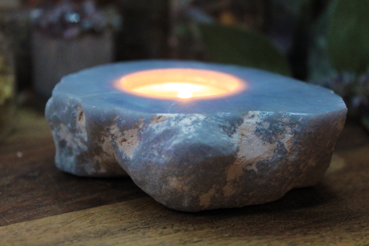 Natural Angelite Gemstone Candle Holder - 6 Inch Irregular Shape, Handmade Blue Natural Stone, 300 Gm Weight