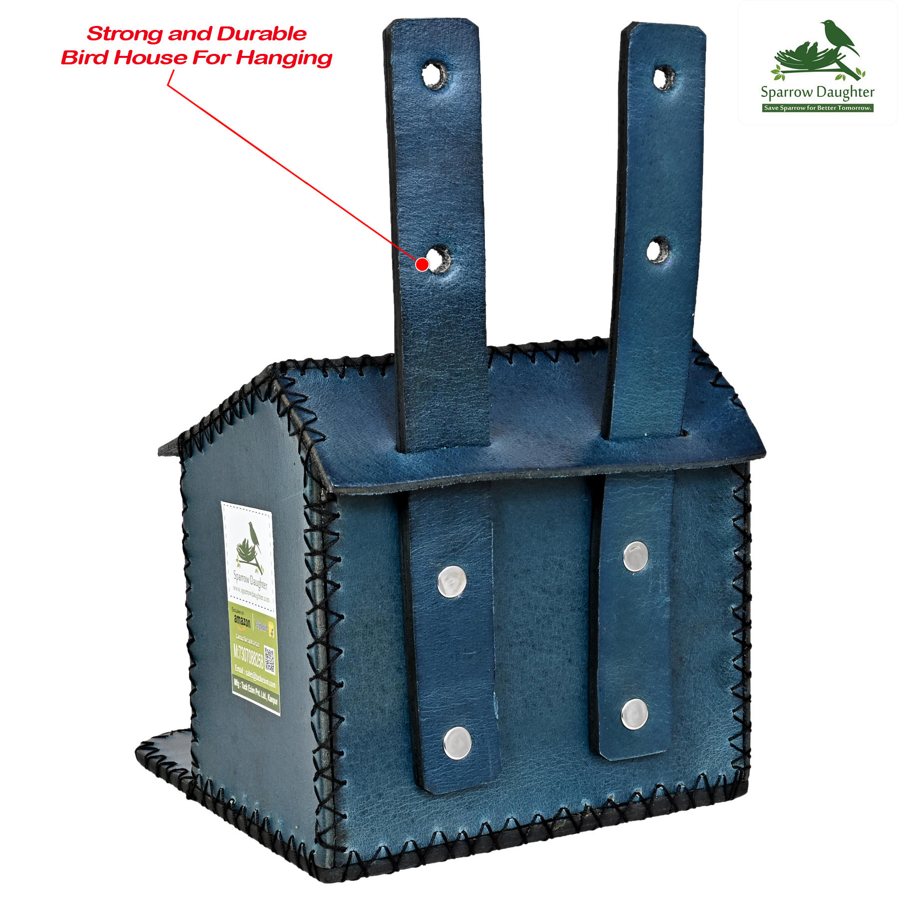 Handcraft Bird Cage Flower Embedded Bird House For Sparrow - Leather, Vegan Leather, Synthetic Leather | Dimensions: 16.5x16x2.6 Cm, Color: Navy Blue, Easy Installation, Decorative, Handcrafted By Women Artisans