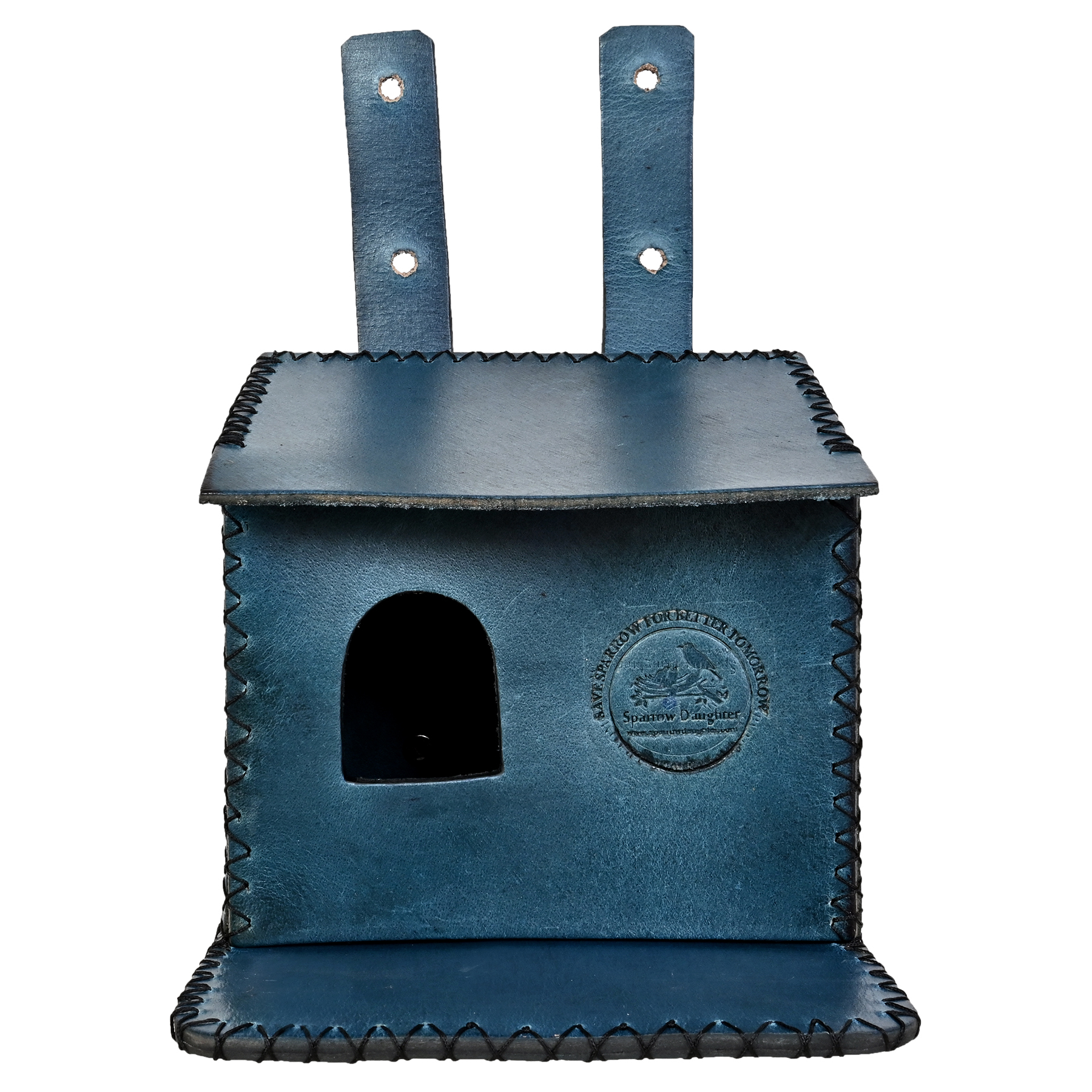 Handcraft Bird Cage Flower Embedded Bird House For Sparrow - Leather, Vegan Leather, Synthetic Leather | Dimensions: 16.5x16x2.6 Cm, Color: Navy Blue, Easy Installation, Decorative, Handcrafted By Women Artisans