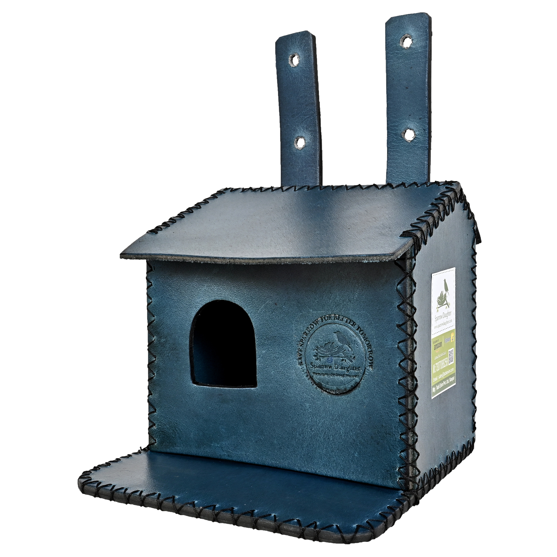 Handcraft Bird Cage Flower Embedded Bird House For Sparrow - Leather, Vegan Leather, Synthetic Leather | Dimensions: 16.5x16x2.6 Cm, Color: Navy Blue, Easy Installation, Decorative, Handcrafted By Women Artisans