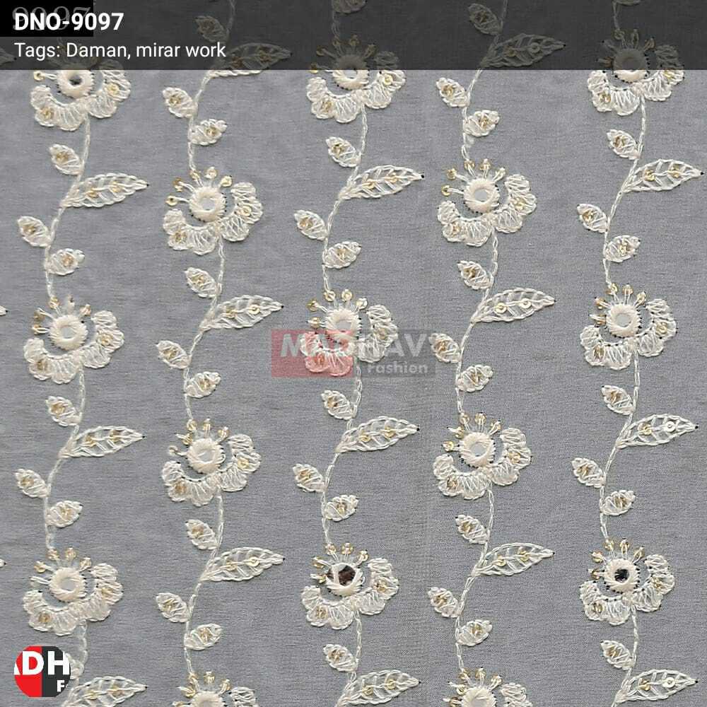 Mirror Work Daman Fabric - Georgette, 54 Meter Width, White Color | Light In Weight, Embroidered Texture, Versatile For Lehengas, Blouses, And Borders