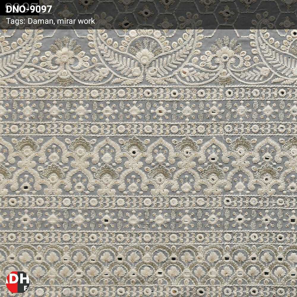 Mirror Work Daman Fabric - Georgette, 54 Meter Width, White Color | Light In Weight, Embroidered Texture, Versatile For Lehengas, Blouses, And Borders