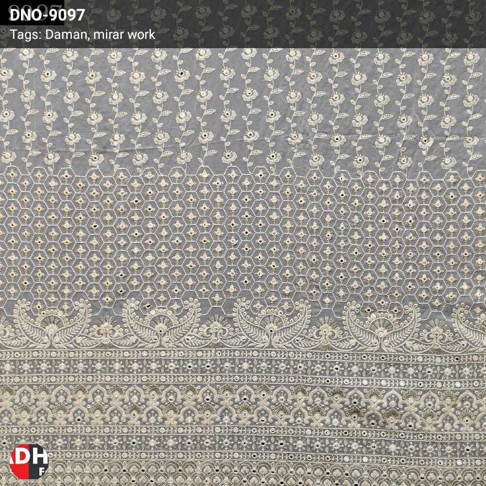 Mirror Work Daman Fabric - Georgette, 54 Meter Width, White Color | Light In Weight, Embroidered Texture, Versatile For Lehengas, Blouses, And Borders