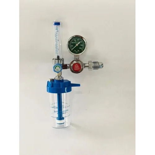 Oxygen Flow Meter - Stainless Steel Construction, Gray & Blue Color | Precision Flow Regulation, Adjustable Control Valve, Humidifier Integration