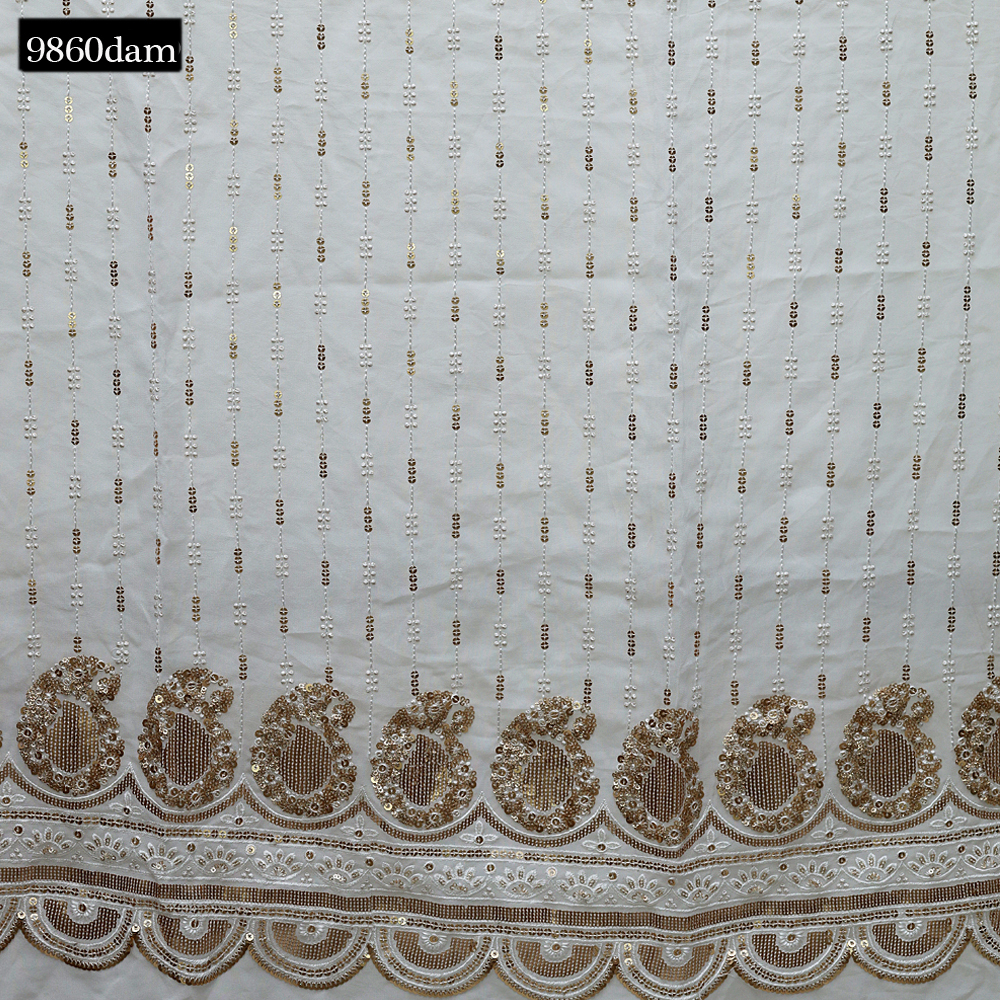 Sequine Work Daman - Cotton & Georgette, 54 Meter Width | Light-weight, White Dyed, Multi-styled Embroidered Patterns For Lehengas, Cholis & Sharara Dresses