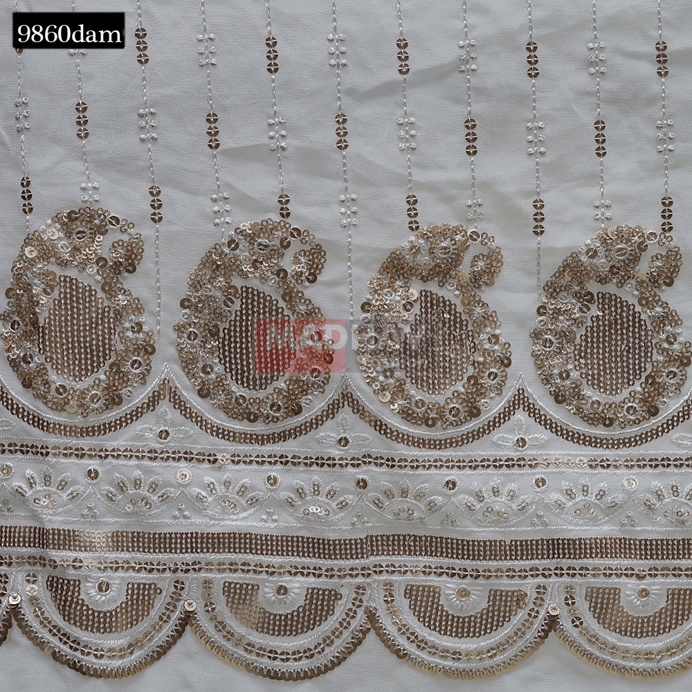 Sequine Work Daman - Cotton & Georgette, 54 Meter Width | Light-weight, White Dyed, Multi-styled Embroidered Patterns For Lehengas, Cholis & Sharara Dresses