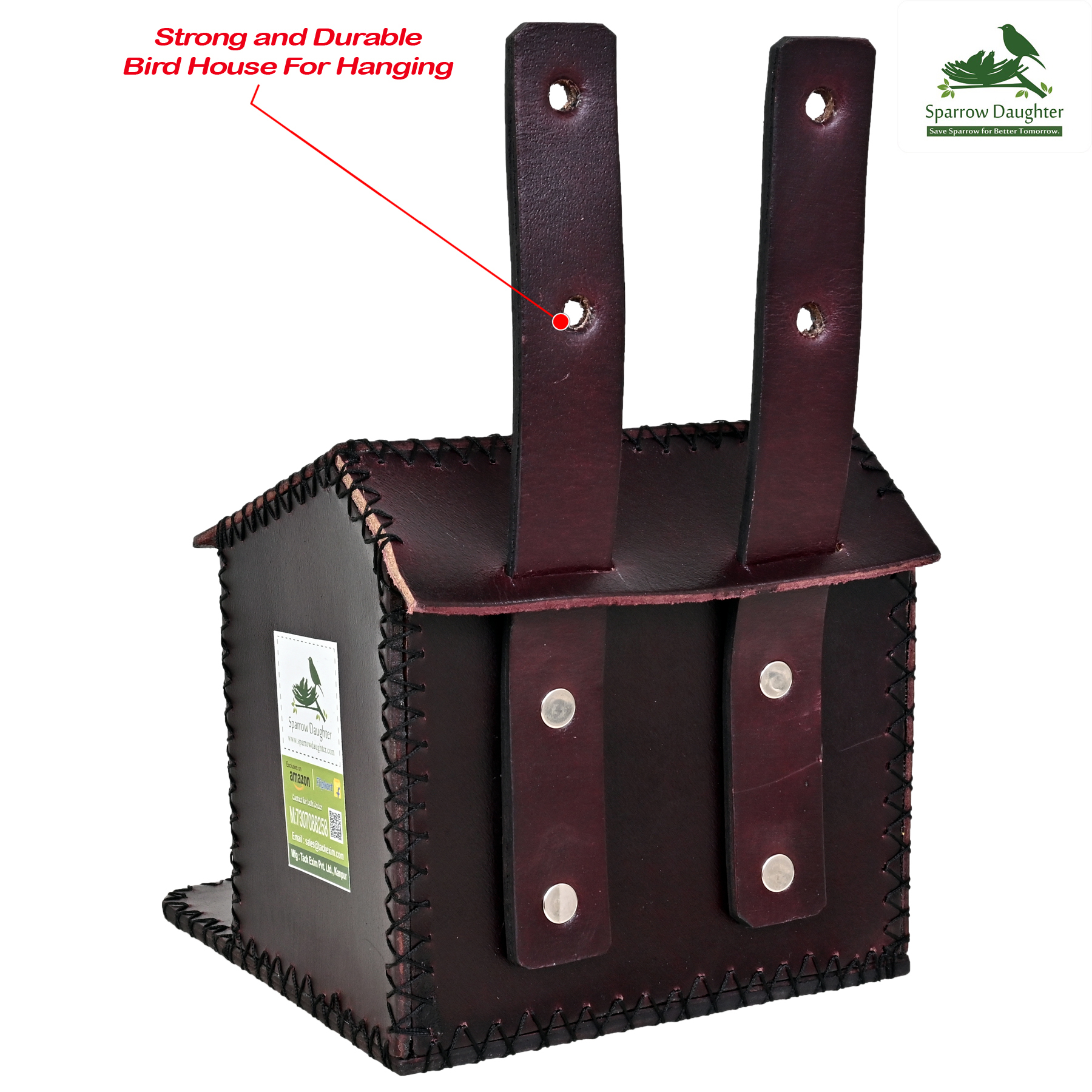 Birdhouse - 16.5x16x2.6 Cm | Leather, Vegan Leather, Synthetic Leather, Handcrafted Design, Bordo Brown Finish, Perfect For Small Birds