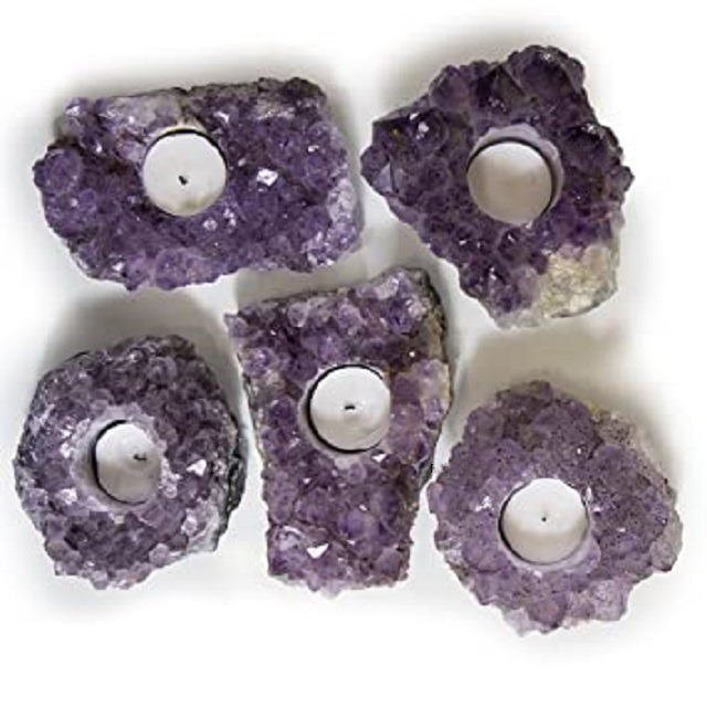 Natural Amethyst Gemstone Candle Holder Stand Irregular Shape - Grade: A+