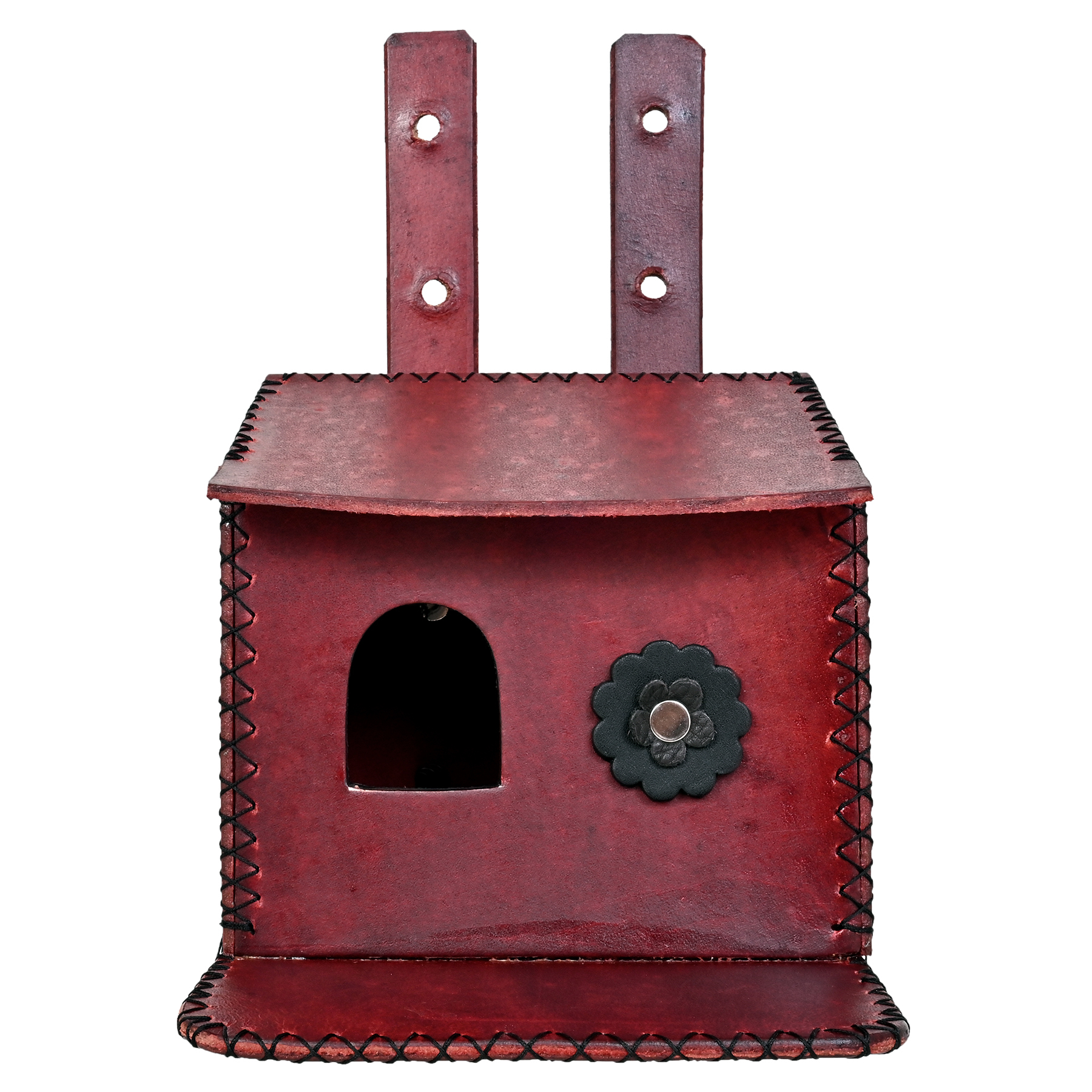 Flower Embedded Bird House For Sparrow Hand Made - Leather, Vegan Leather, Synthetic Leather, 16.5x16x2.6 Cm , Beautifully Handcrafted For Small Birds, Easy Wall-mounted Installation