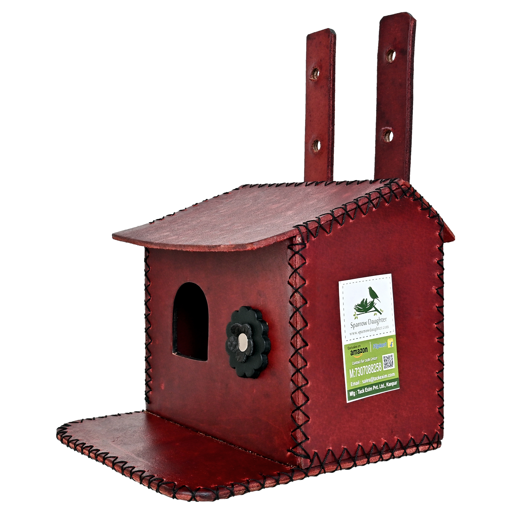 Flower Embedded Bird House For Sparrow Hand Made - Leather, Vegan Leather, Synthetic Leather, 16.5x16x2.6 Cm , Beautifully Handcrafted For Small Birds, Easy Wall-mounted Installation