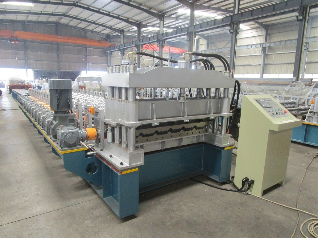 Glazed Tile Roll Forming Machine - 0.4-0.5mm Glazed Metal Coil, 10m X 2.05m X 1.7m Dimensions, Blue Color, Automatic Plc Control, 5-6 M/min Capacity, Hydraulic Cutting System, 2-year Warranty