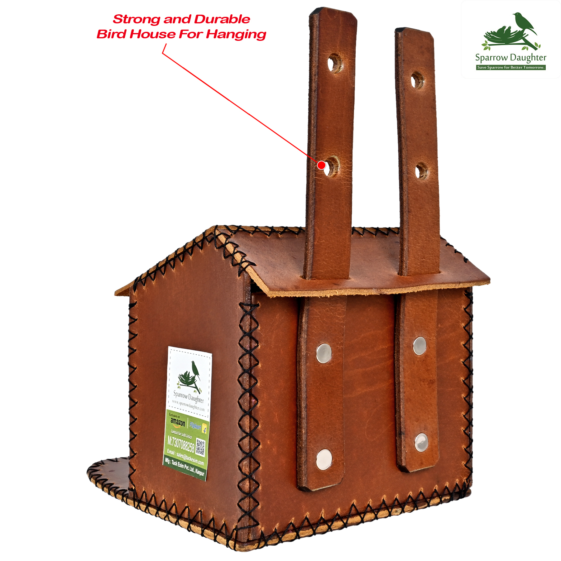 Hand Made Flower Embedded Bird House Sparrow - Leather, Vegan Leather, Synthetic Leather, 16.5x16x2.6 Cm, Yellow | Handcrafted Design For Small Birds, Easy Installation Options