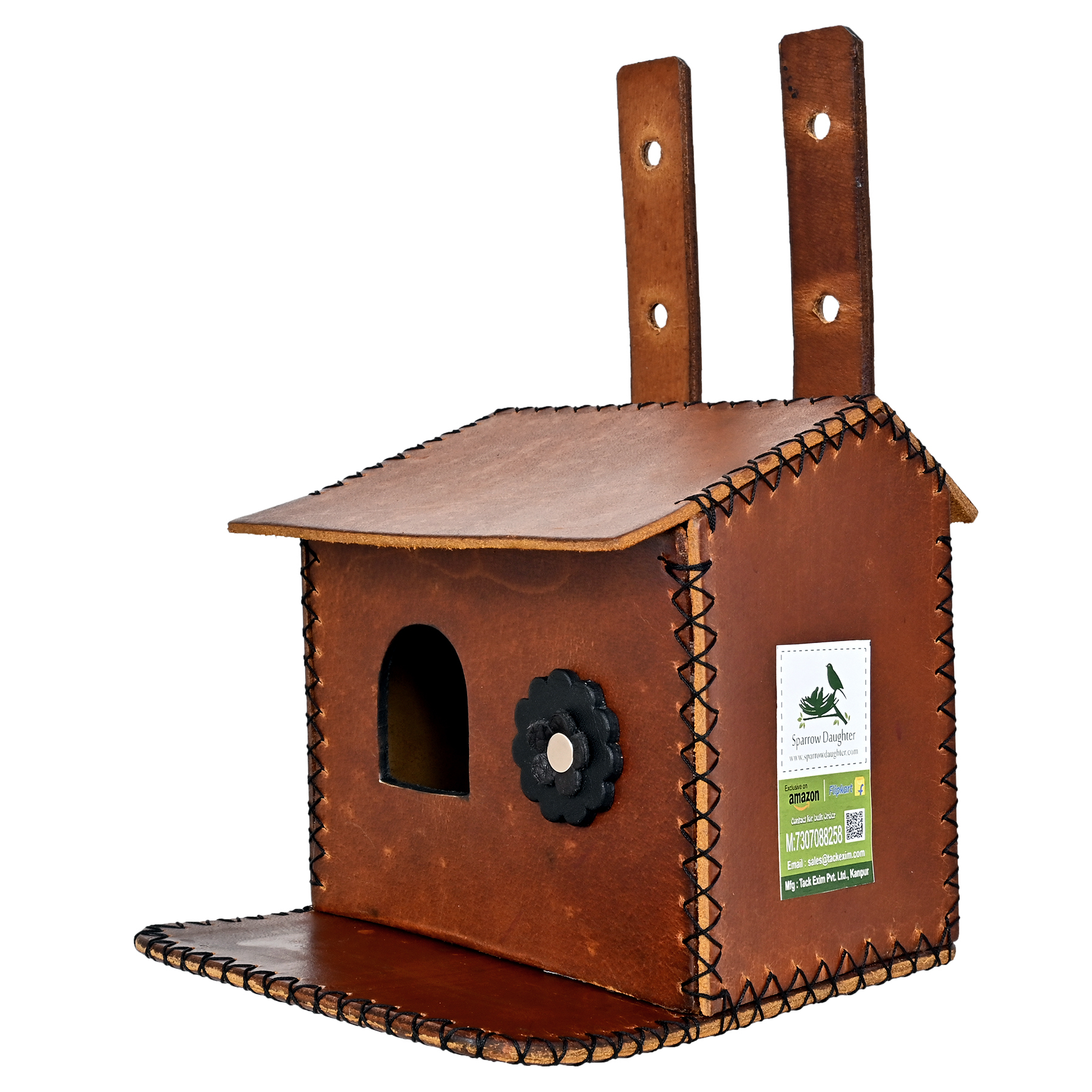 Hand Made Flower Embedded Bird House Sparrow - Leather, Vegan Leather, Synthetic Leather, 16.5x16x2.6 Cm, Yellow | Handcrafted Design For Small Birds, Easy Installation Options