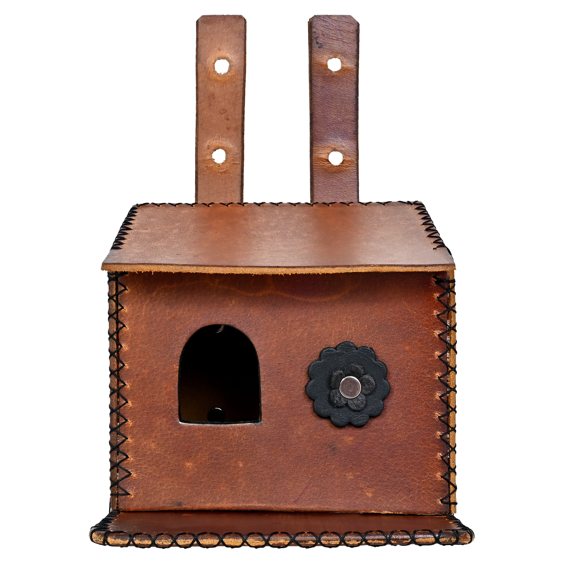 Hand Made Flower Embedded Bird House Sparrow - Leather, Vegan Leather, Synthetic Leather, 16.5x16x2.6 Cm, Yellow | Handcrafted Design For Small Birds, Easy Installation Options