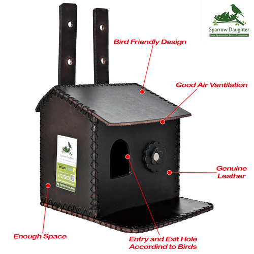 HAND CRAFT LOVR BIRD FLOWER EMBEDDED BIRD HOUSE - Leather, 16.5x16x26 cm, Red Brown | Attractive Design, Bird Friendly, Easy Installation, Unique Gift