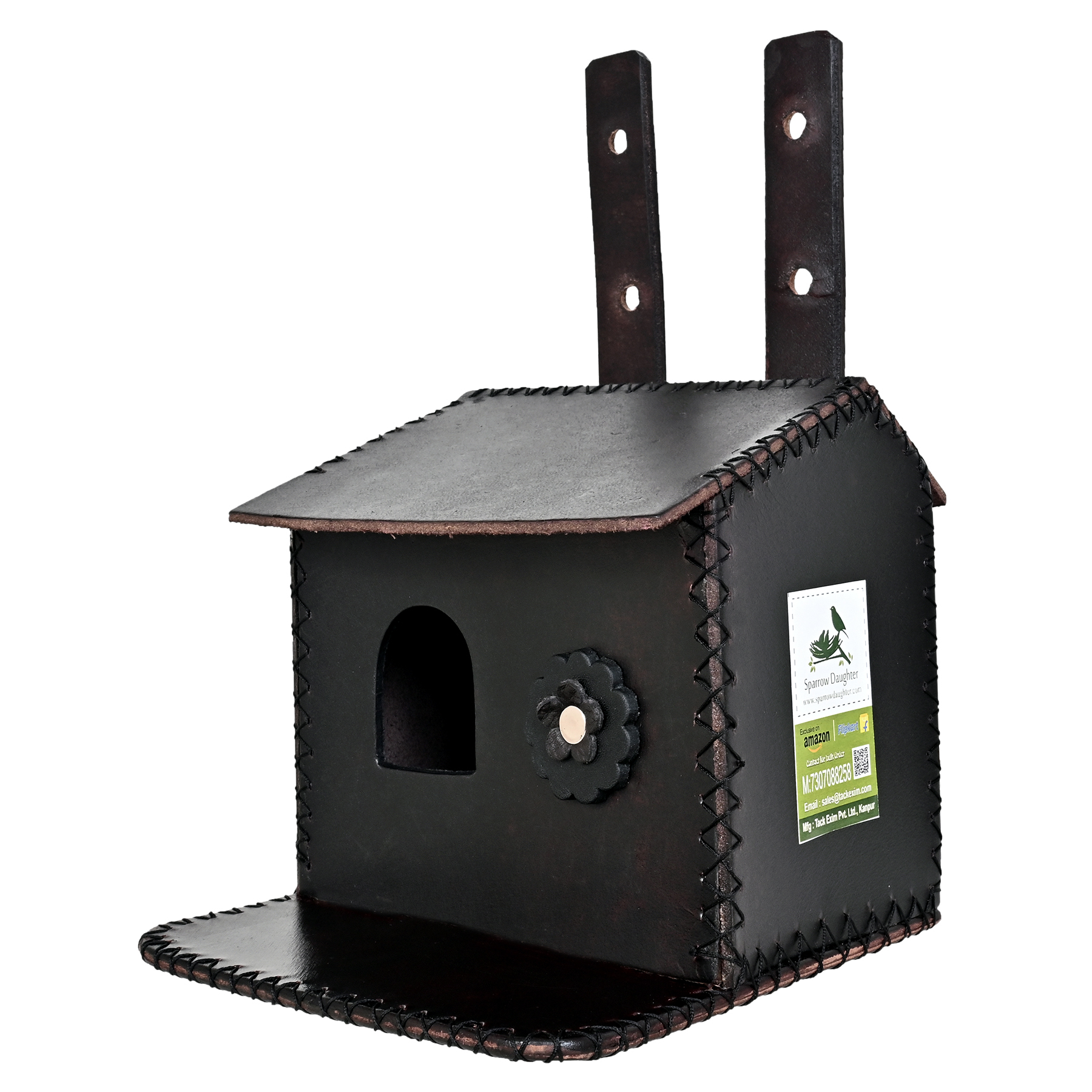 Flower Embedded Bird House For Love Bird Sparrow - Leather, Vegan Leather, Synthetic Leather | Dimensions 16.5x16x2.6 Cm, Red Brown, Handcrafted For Small Birds
