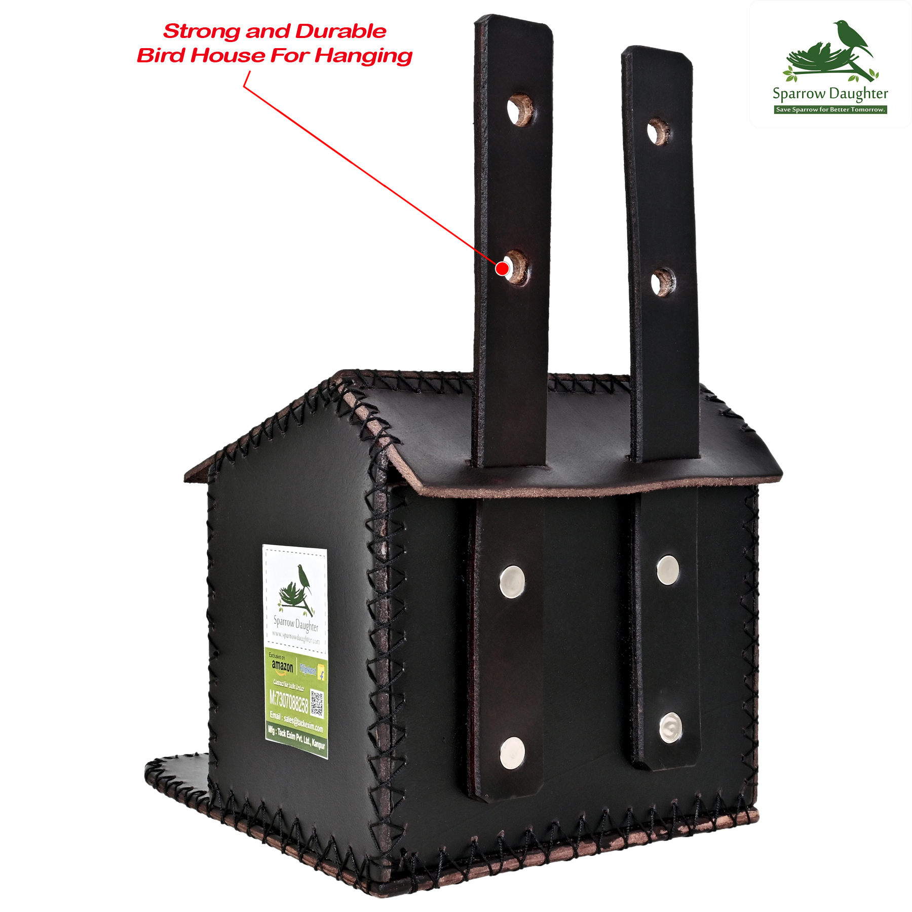 Flower Embedded Bird House For Love Bird Sparrow - Leather, Vegan Leather, Synthetic Leather | Dimensions 16.5x16x2.6 Cm, Red Brown, Handcrafted For Small Birds