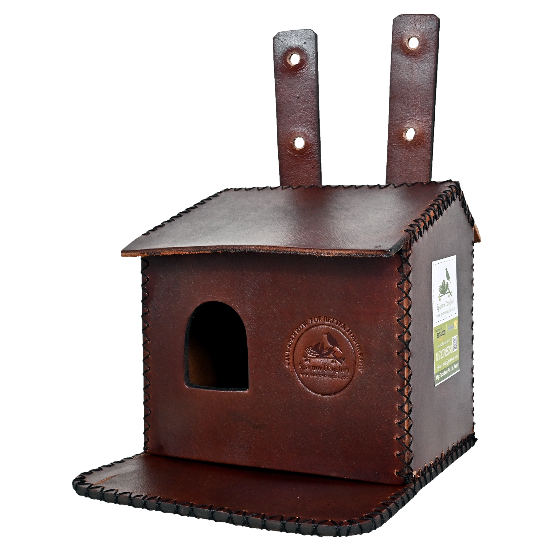 Flower Embedded Birdhouse - Leather, Vegan Leather, Synthetic Leather, 16.5x16x2.6 Cm | Handcrafted For Small Birds, Easy Roof Installation, Attractive Design