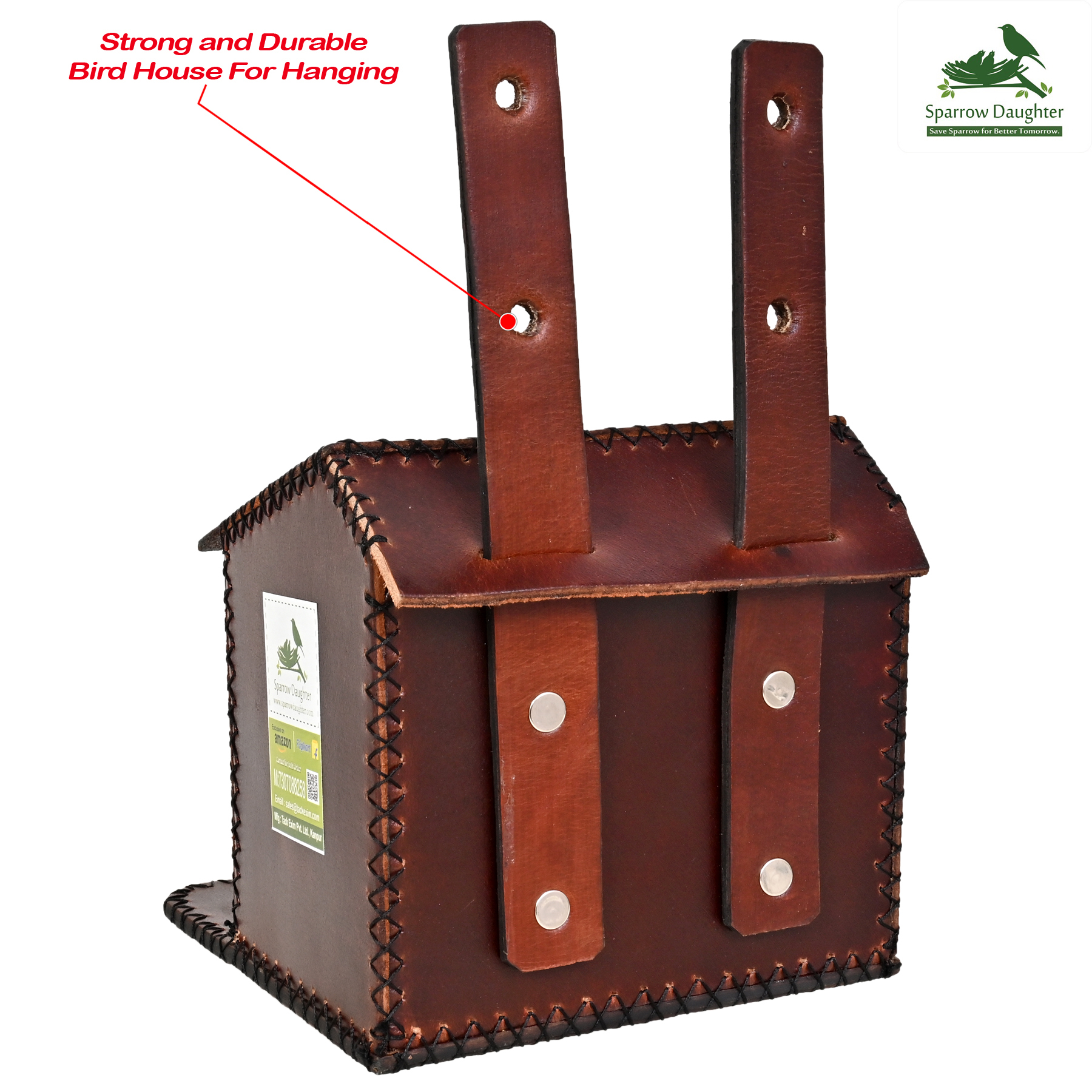Flower Embedded Birdhouse - Leather, Vegan Leather, Synthetic Leather, 16.5x16x2.6 Cm | Handcrafted For Small Birds, Easy Roof Installation, Attractive Design