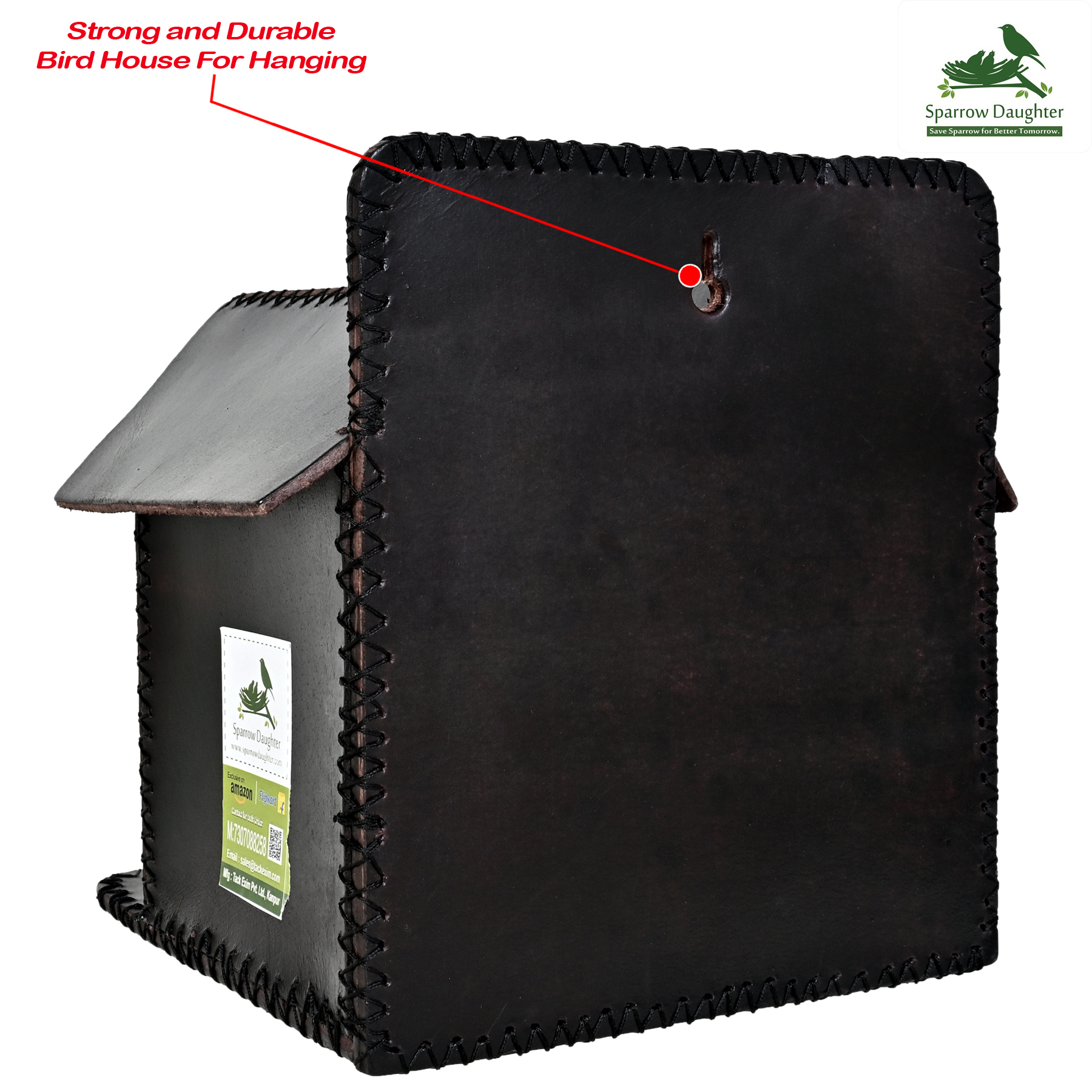 Twinning Bird House For Sparrow - Leather, Vegan Leather & Synthetic Leather | Dark Brown, 17.5x20.5x20.5 Cm, Handcrafted With Easy Installation Options