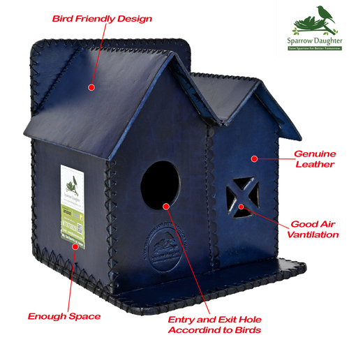 HAND MADE TWINNING BIRD HOUSE - Leather & Vegan Leather, 17.5x20.5x20.5 CM, Nany Blue | Handcrafted for Small Birds, Easy Installation