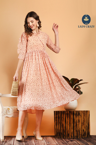 Different Available Peach Georgette Floral Print Long Kurti