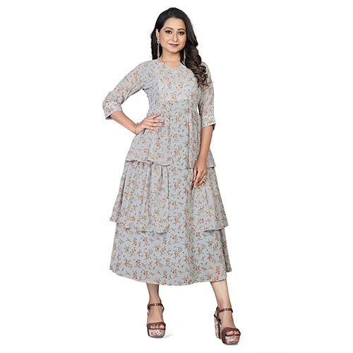 Grey Georgette Floral Print Long Kurti - V Neck, 3-4th Sleeve, Available In Multiple Sizes And Color Combinations, Perfect For Casual And Party Wear