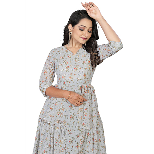 Grey Georgette Floral Print Long Kurti - V Neck, 3-4th Sleeve, Available In Multiple Sizes And Color Combinations, Perfect For Casual And Party Wear