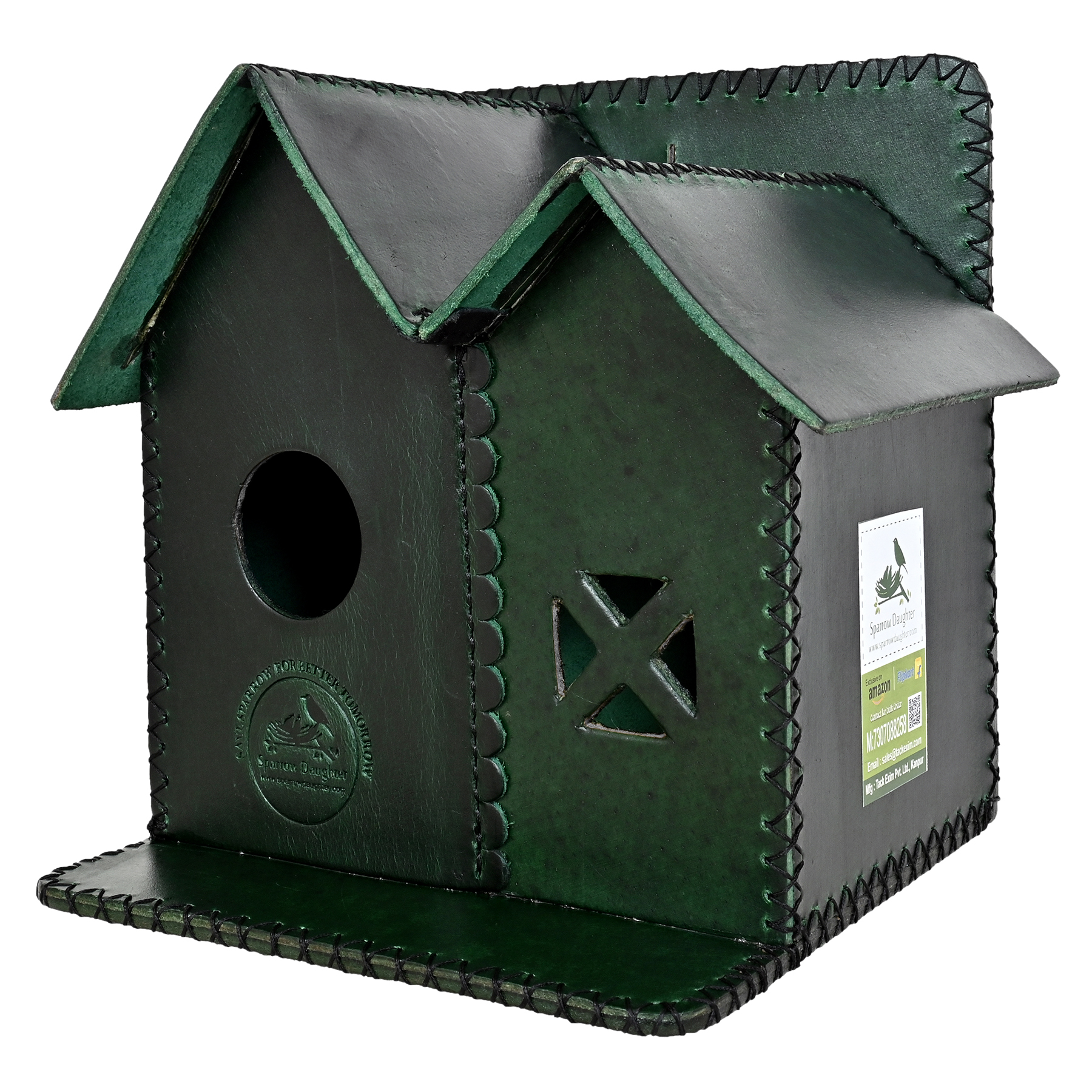 Sparrow Twinning Bird House - Leather, Vegan Leather, Synthetic Leather | 17.5x20.5x20.5 Cm, Green, Handcrafted For Small Birds, Easy Installation
