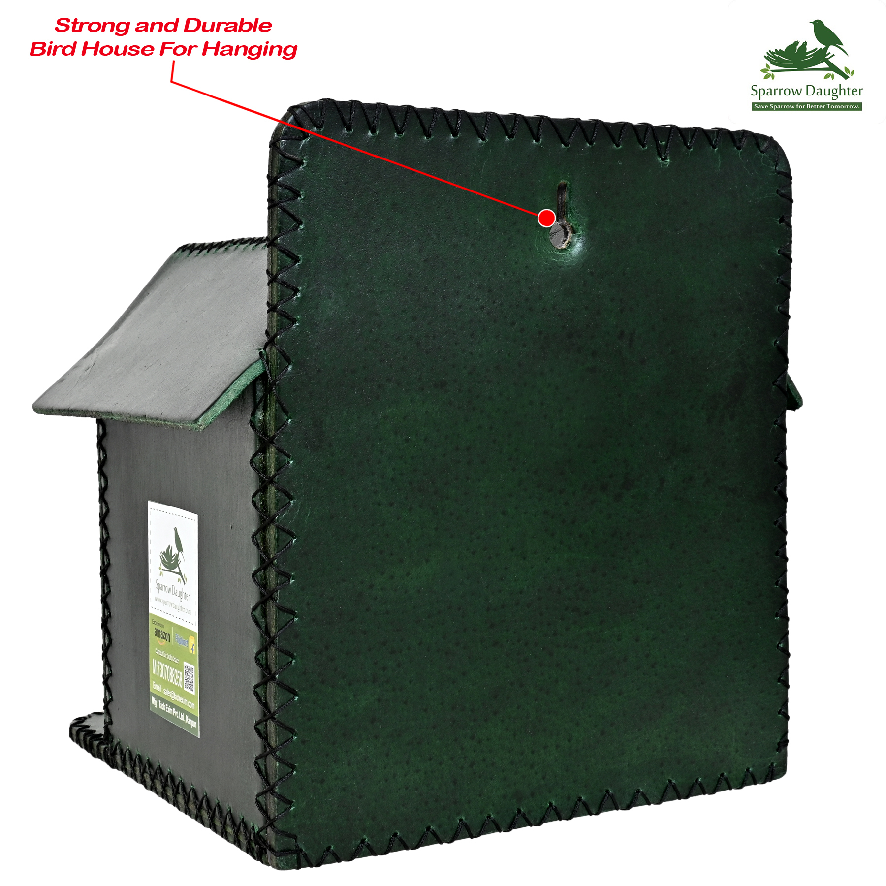 Sparrow Twinning Bird House - Leather, Vegan Leather, Synthetic Leather | 17.5x20.5x20.5 Cm, Green, Handcrafted For Small Birds, Easy Installation