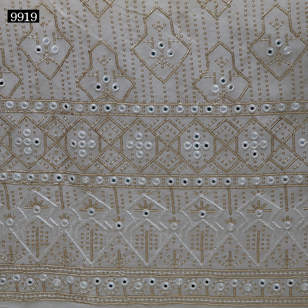 Mirror Work - Georgette Fabric, 54 Meter Width, Ivory White | Lightweight, Embroidered Pattern, Perfect For Lehenga Choli And Blouses