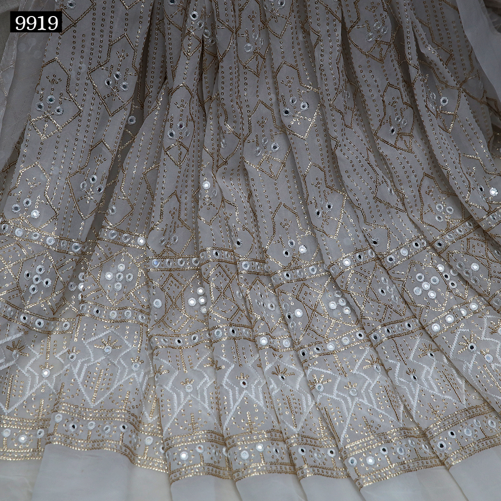 Mirror Work - Georgette Fabric, 54 Meter Width, Ivory White | Lightweight, Embroidered Pattern, Perfect For Lehenga Choli And Blouses