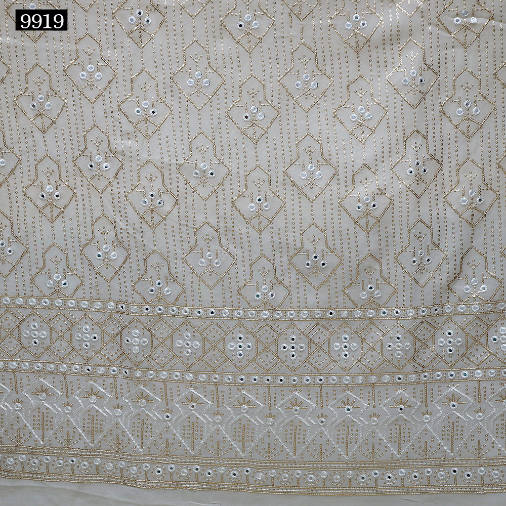 Mirror Work - Georgette Fabric, 54 Meter Width, Ivory White | Lightweight, Embroidered Pattern, Perfect For Lehenga Choli And Blouses