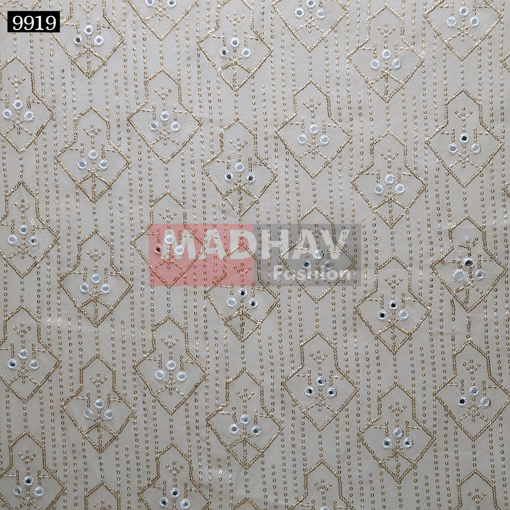 Mirror Work - Georgette Fabric, 54 Meter Width, Ivory White | Lightweight, Embroidered Pattern, Perfect For Lehenga Choli And Blouses