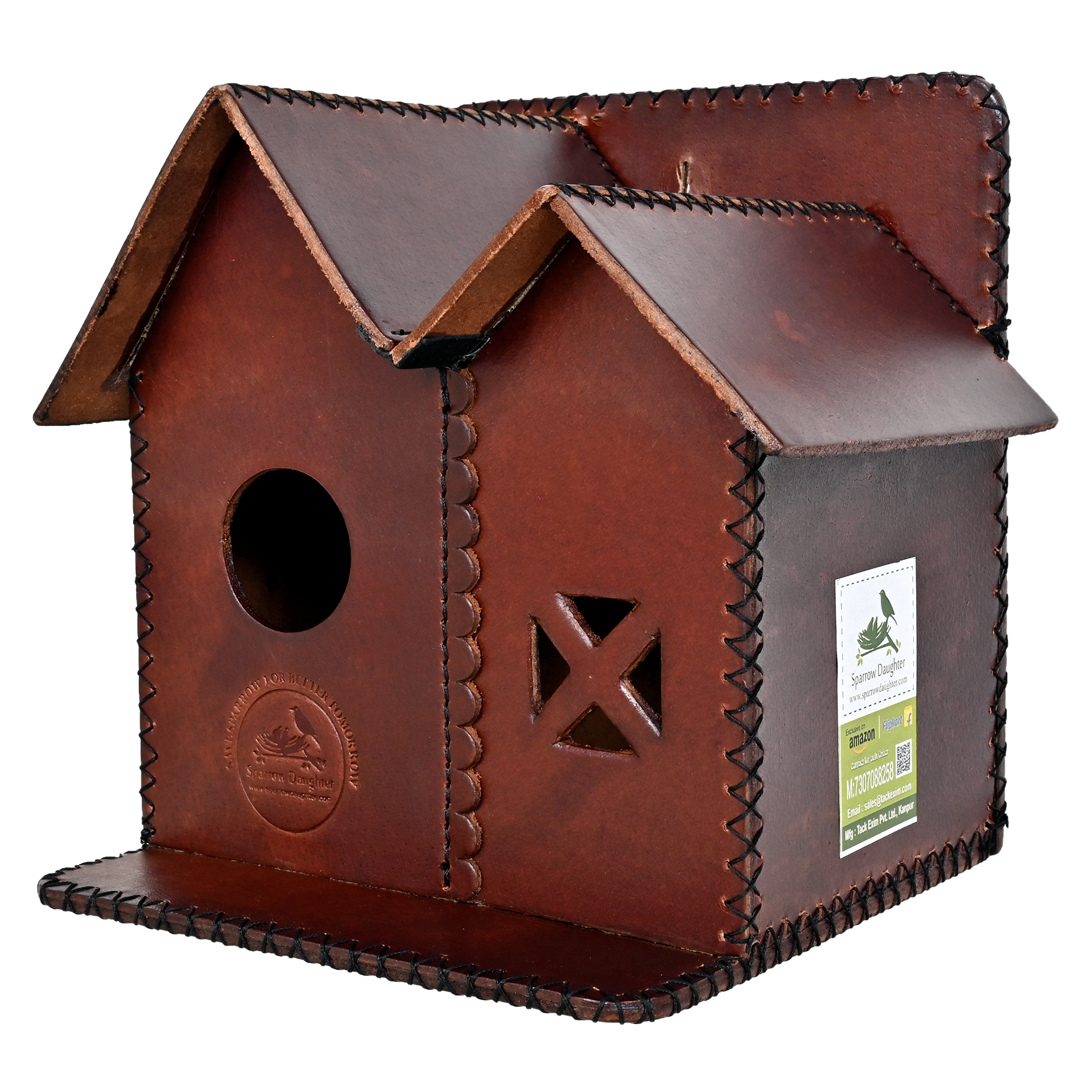 Twinning Bird House For House Sparrow - Leather, Vegan Leather, Synthetic Leather | Dimensions: 17.5x20.5x20.5 Cm, Color: Yellow Brown, Easy Installation For Small Birds