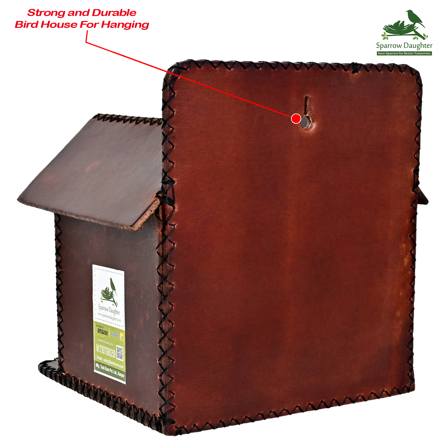 Twinning Bird House For House Sparrow - Leather, Vegan Leather, Synthetic Leather | Dimensions: 17.5x20.5x20.5 Cm, Color: Yellow Brown, Easy Installation For Small Birds