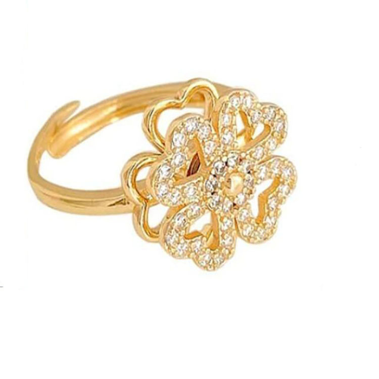 Rotating Cubic Zirconia Studded Adjustable Gold-plated Clover Ring - Stainless Steel, Adjustable Size | Fidget Spinner Design For Anxiety Relief And Meditation