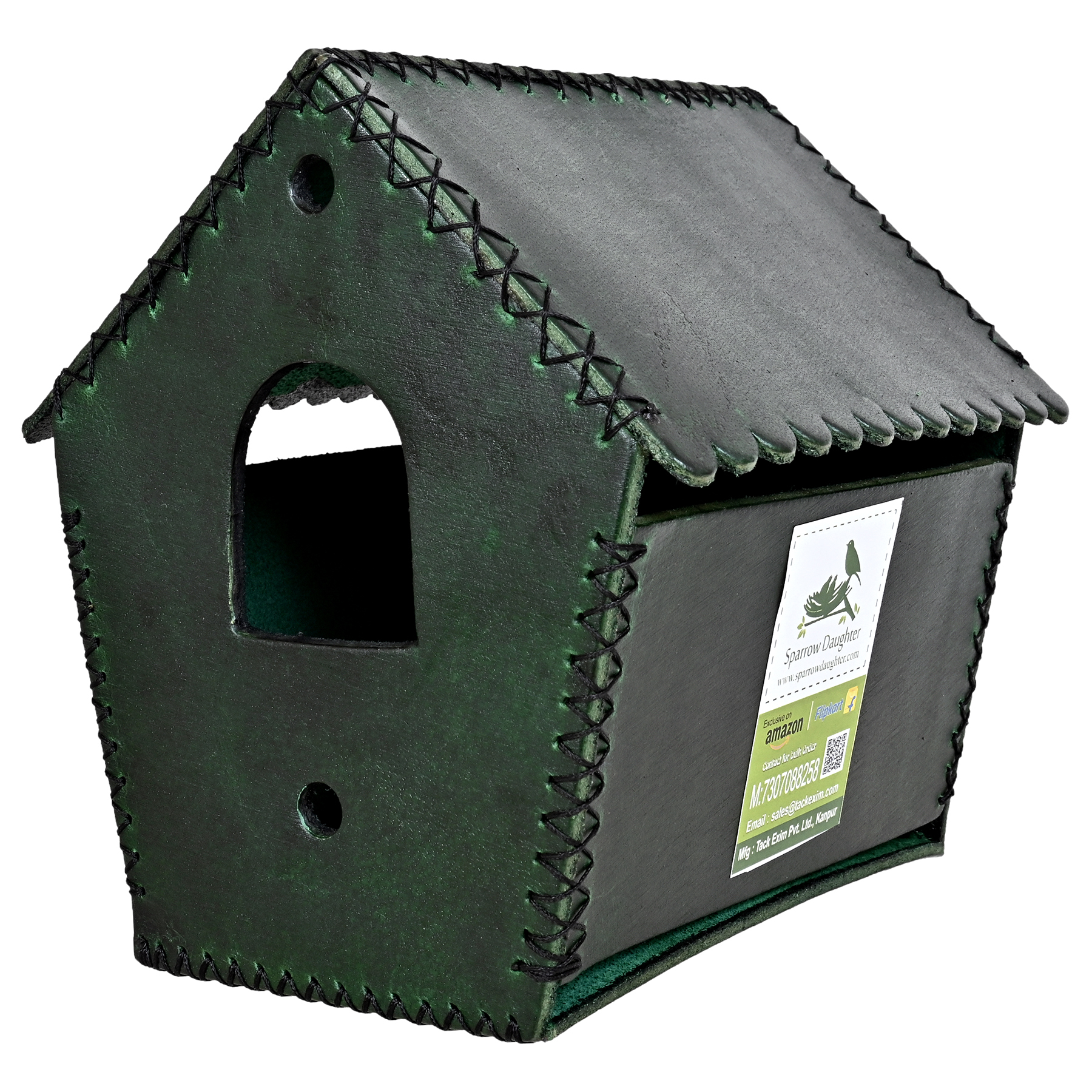 Wrinckle D Roof Bird House For Sparrow - Leather, Vegan Leather, Synthetic Leather, 15.7x12x1.5 Cm, Green - Handcrafted Design, Easy Installation, Small Bird Friendly