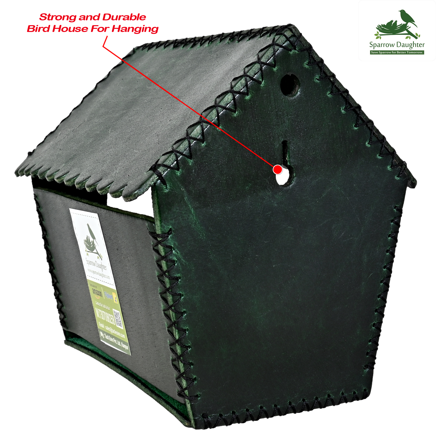 Wrinckle D Roof Bird House For Sparrow - Leather, Vegan Leather, Synthetic Leather, 15.7x12x1.5 Cm, Green - Handcrafted Design, Easy Installation, Small Bird Friendly