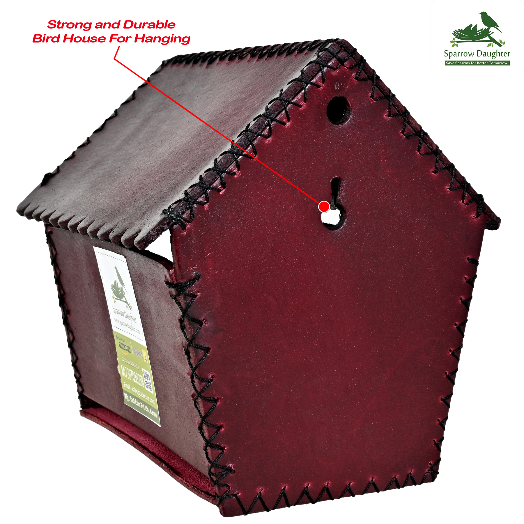 Wrinckle D Roof Bird House For Love Bird House - Leather, Vegan Leather, Synthetic Leather, 15.7x12x1.5 Cm, Marron | Handcrafted, Easy Installation For Small Birds, Wall Mounting Or Hanging Options