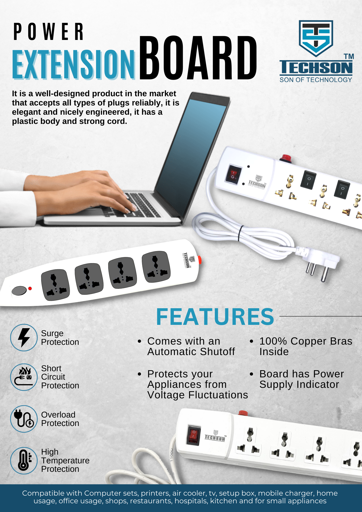 Powerstrip Extension Board - Certified Components, 220-240v, 50hz, 6amp | Ip54 Protection, White Color, Ideal For Home Appliances