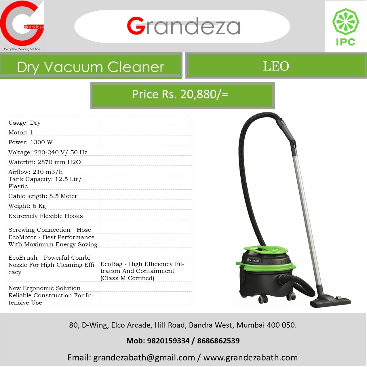 Dry Vacuum Cleaner - Plug & Play Installation, 220v Input , 13l Capacity , Ultra Fine Air Filter , Ecomotor For Energy Savings , New Ergonomic Solution With Flexible Hooks