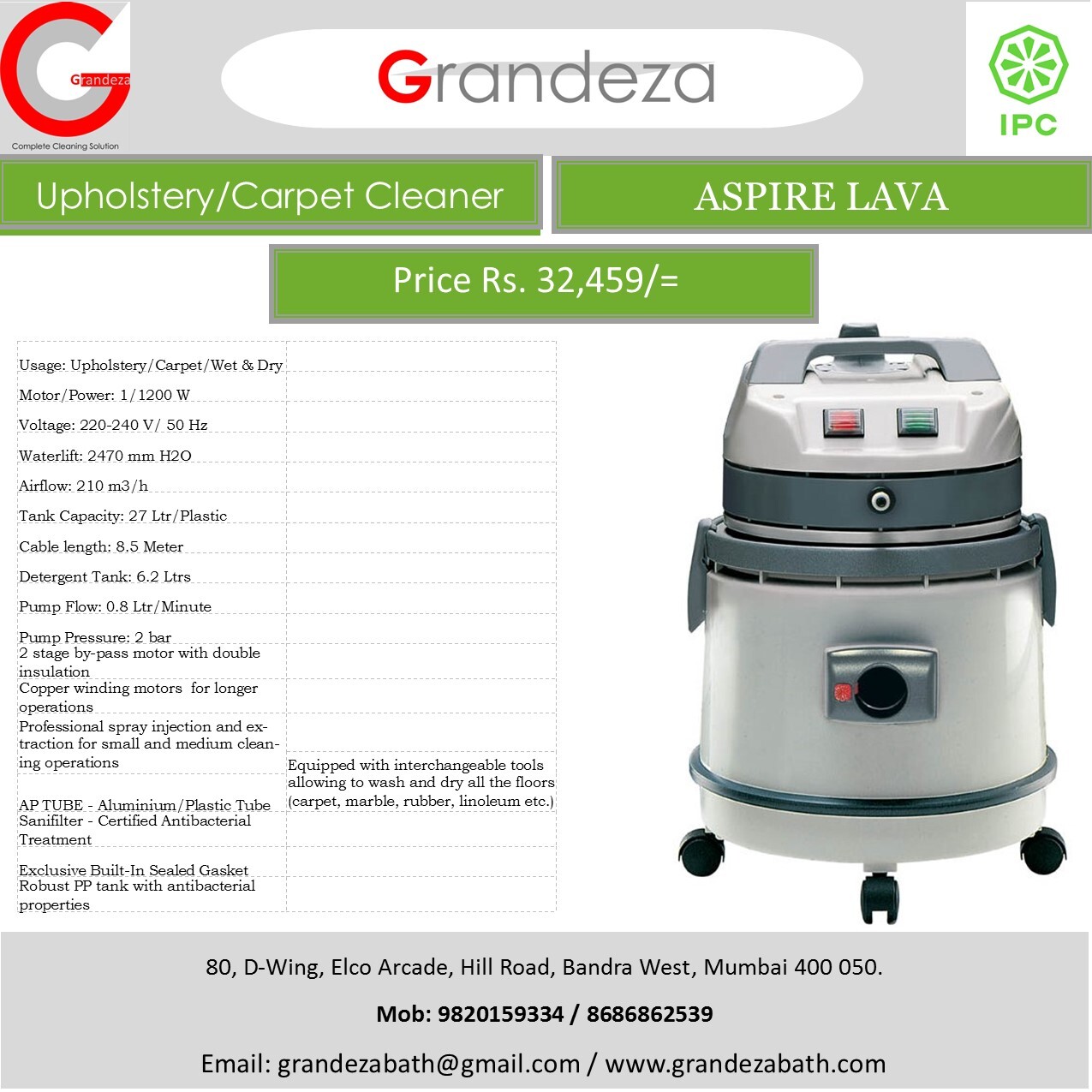 Ipc Aspiro Lava Upholstery Carpet N Sofa Cleaner Capacity: 27 Liter/day