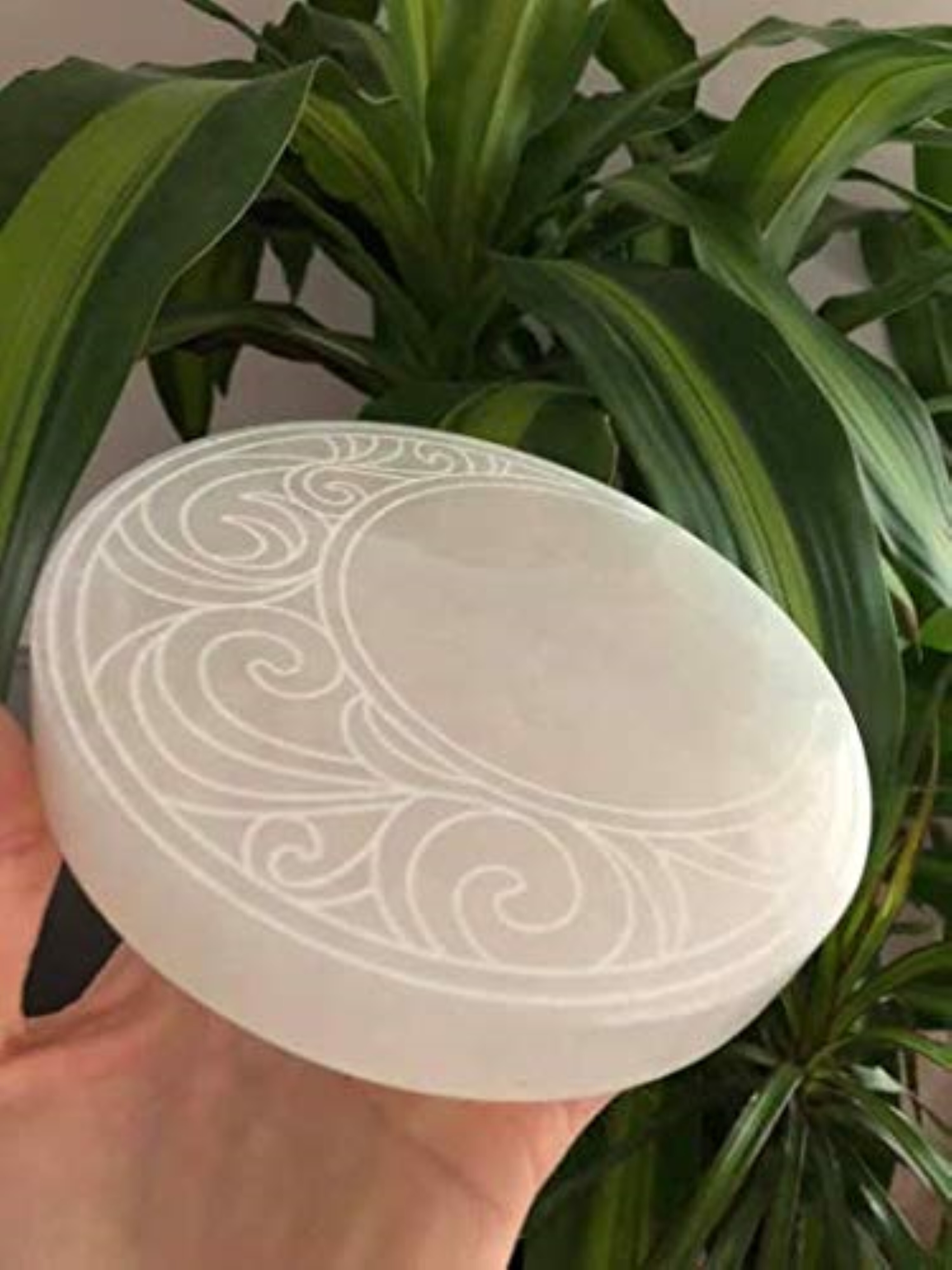Natural Selenite Charging Plate With Moon Symbol Engraved - Natural Material Free Size White Color 100 Gm Weight | Round Brilliant Cut Design Elegant Engraving