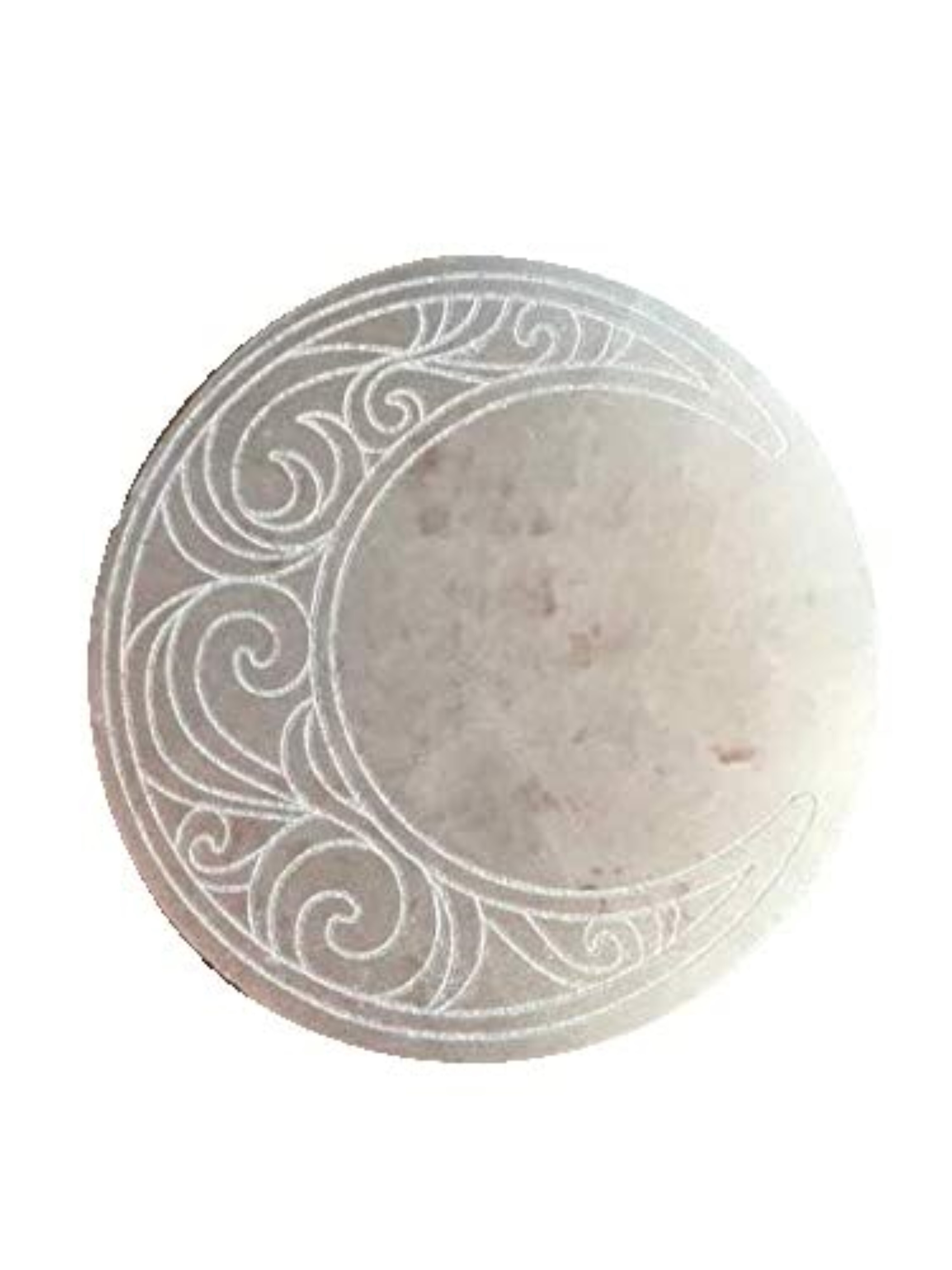 Natural Selenite Charging Plate With Moon Symbol Engraved - Natural Material Free Size White Color 100 Gm Weight | Round Brilliant Cut Design Elegant Engraving