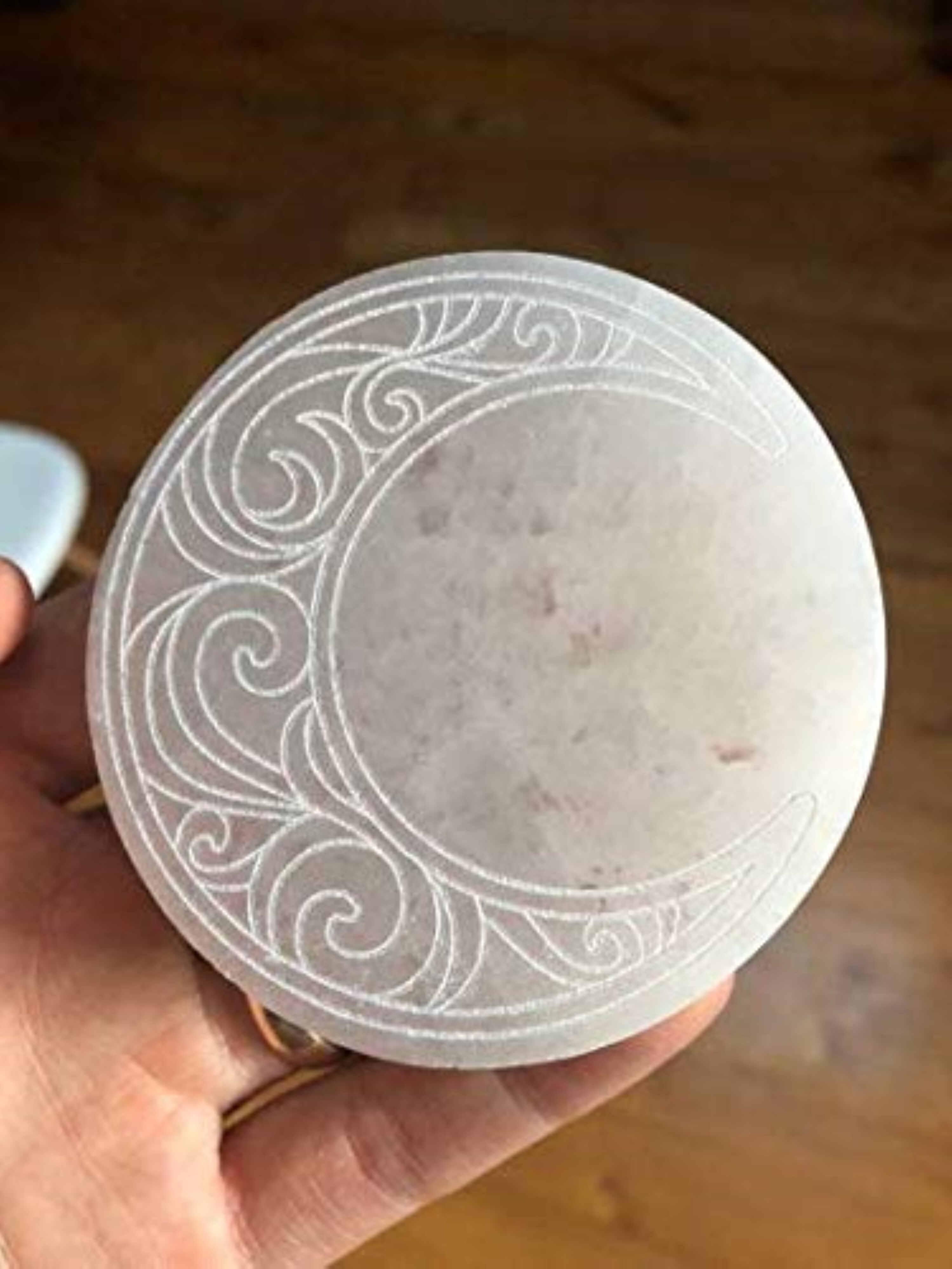 Natural Selenite Charging Plate With Moon Symbol Engraved - Natural Material Free Size White Color 100 Gm Weight | Round Brilliant Cut Design Elegant Engraving