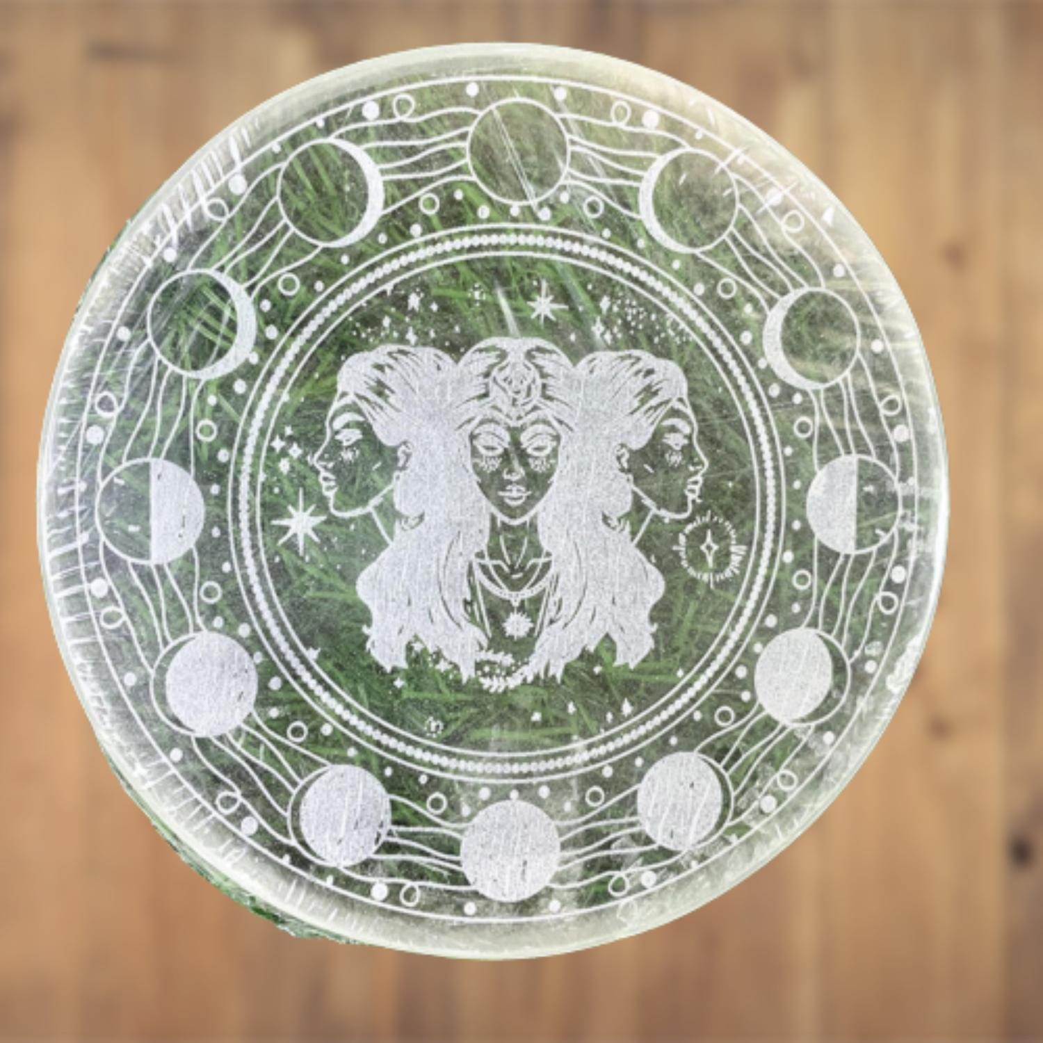 Natural Selenite Charging Plate With Moon Phases Symbol at