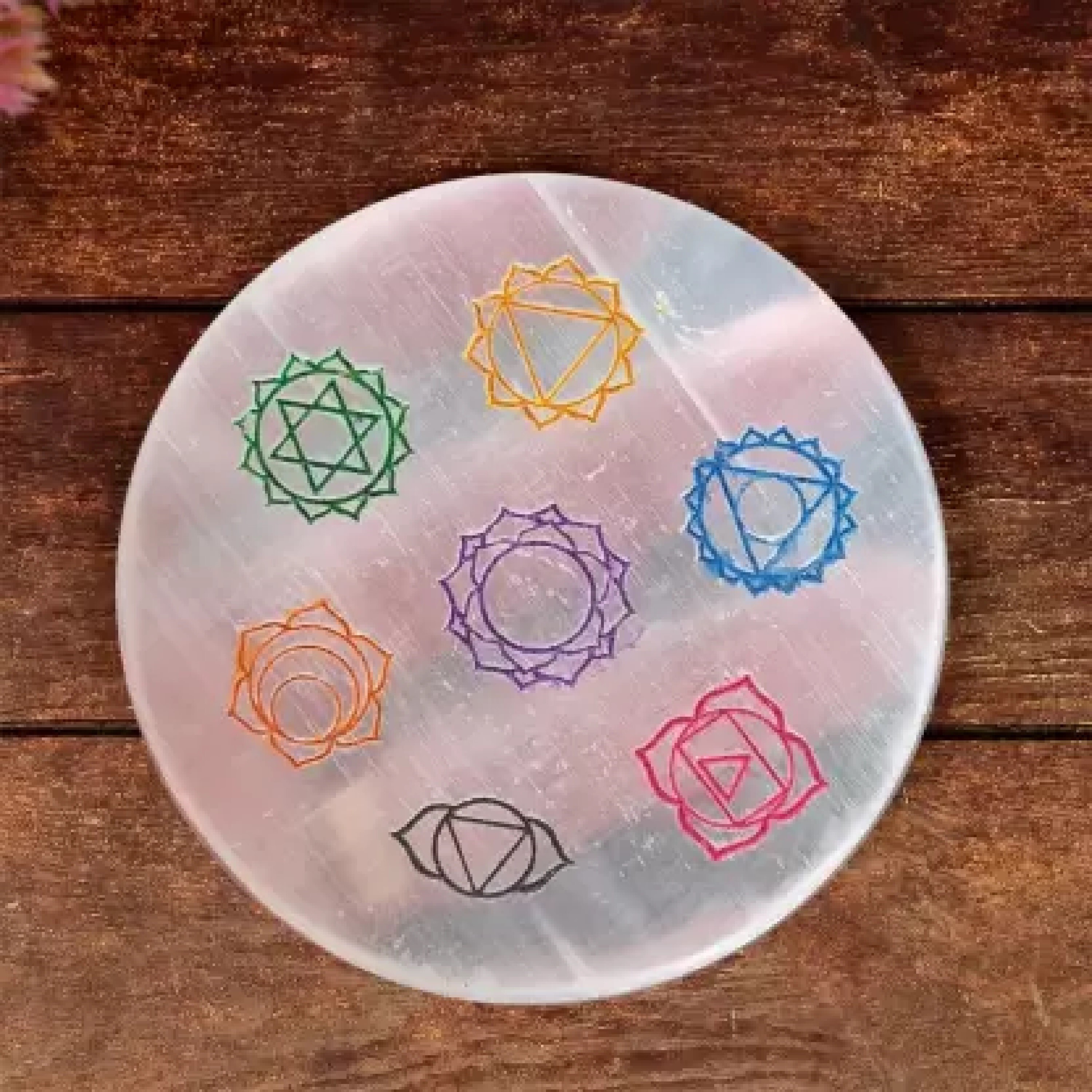 Natural Selenite Charging Plate With Seven Chakra Colored Engraved Symbol - Aaa Grade, Free Size, White Natural Stone, 100 Gm Weight | Vibrant Chakra Symbols, Cleansing And Purifying Properties