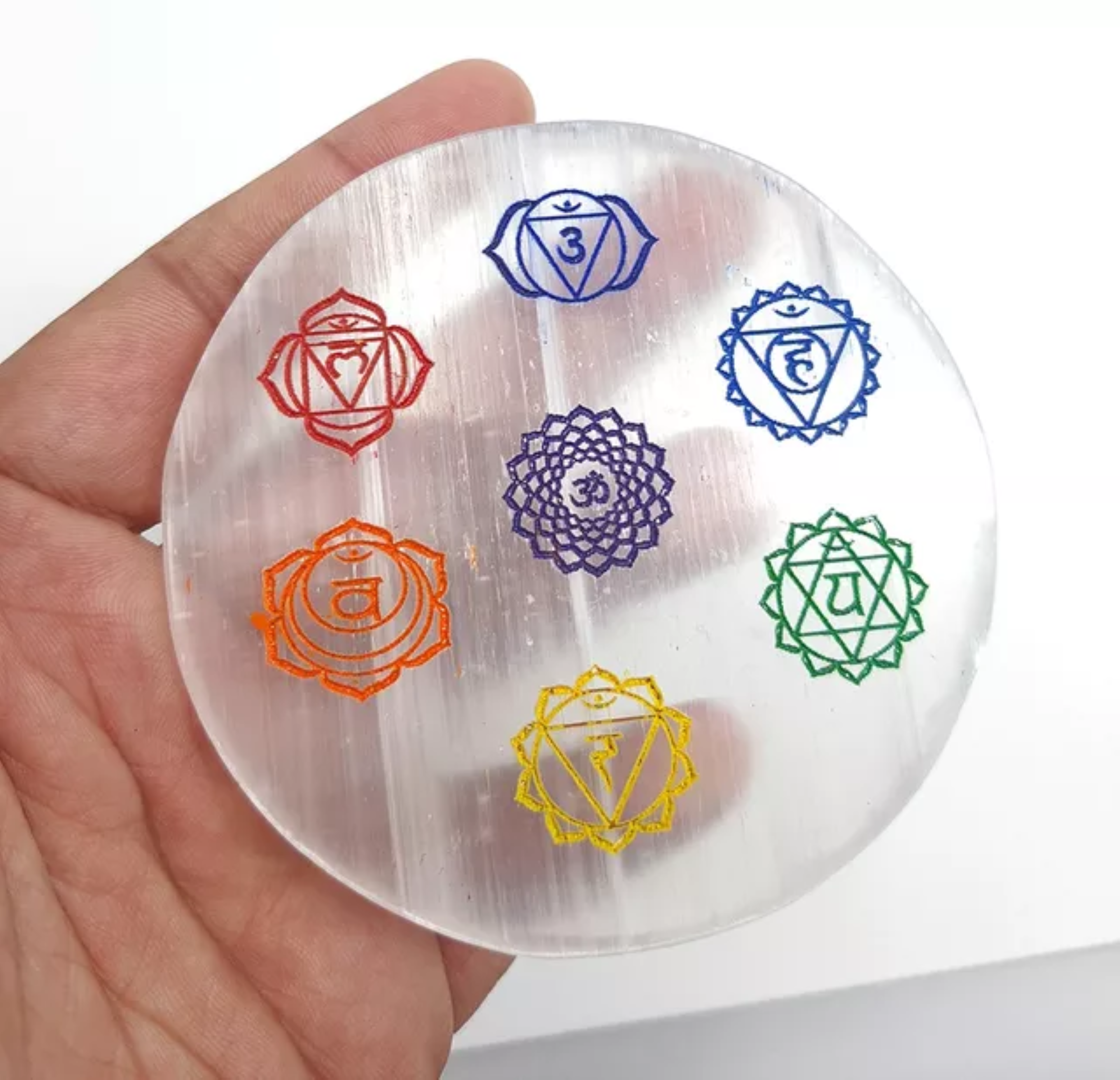 Natural Selenite Charging Plate With Seven Chakra Colored Engraved Symbol - Aaa Grade, Free Size, White Natural Stone, 100 Gm Weight | Vibrant Chakra Symbols, Cleansing And Purifying Properties
