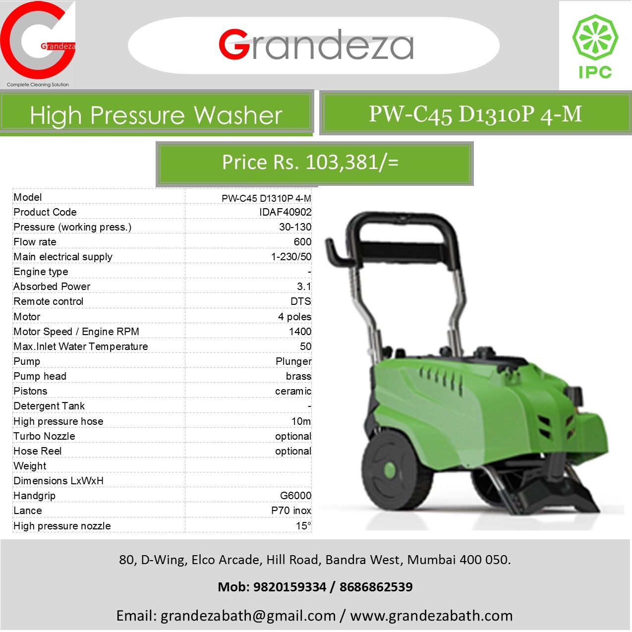 Ipc Pw C45 D1310 130 Bar High Pressure Washer